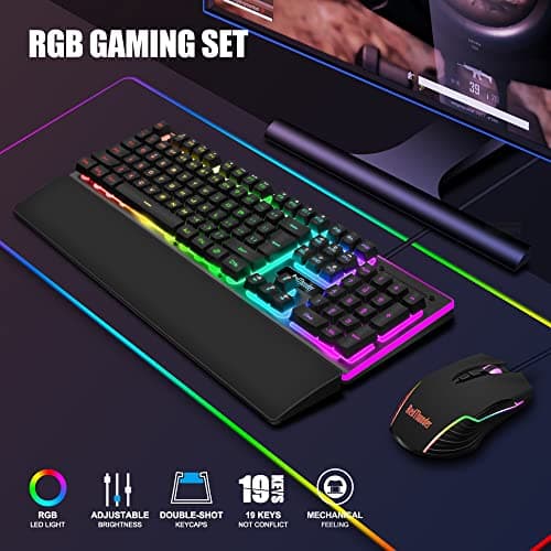 RedThunder K10 Wired Gaming Keyboard and Mouse and Wrist Rest Combo, RGB Backlit, Anti-ghosting Keyboard + 7D 7200 DPI Mice+Soft Leather Wrist Rest 3 in 1 PC Gamer Accessories(Black)