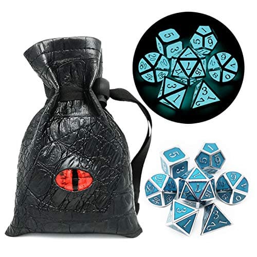 Haxtec Glow in The Dark Metal Dice Set Glowing Blue Silver W/ Dragon Dice Bag 7 Die D&D Dice Set for Dungeons and Dragons RPG Games-Silver Glowing Blue