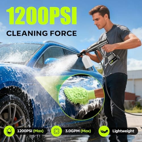 YKYI Cordless Pressure Washer Battery Powered, 30 Speed Level, 1200 PSI Portable Power Washer with 6-in-1 Nozzle, 24FT High-Elastic Hose, Handheld Pressure Washer for Car, Garden Cleaning (Grey)