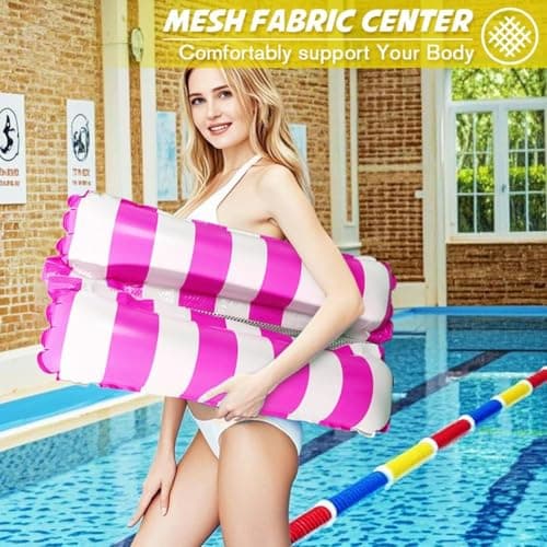Inflatable Pool Float Hammock for Adults – 4-in-1 Floating Water Lounger with Headrest & Footrest – Portable Mesh Floatie for Pool, Beach, Lake – Rose & White Striped Water Hammock Chair
