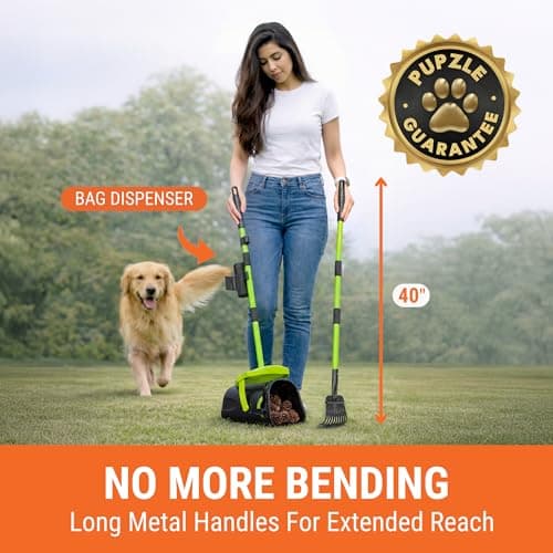 Pupzle Dog Pooper Scooper with Bag Attachment, 40" Long Handle Pooper Scooper for Large Dogs Heavy Duty, Metal Dog Poop Scoop for Yard, Large Capacity Bin and Rake with 100 Refill Bags for Dogs