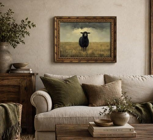 Vintage Gold Framed Moody Black Sheep Wall Art Countryside Landscape Painting Canvas Dark Academia Animal Picture Wall Decor Farmhouse Cottage Print Artwork For Living Room Bedroom Home Decoration