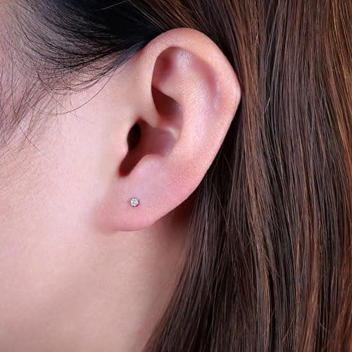 limerencia 18g Titanium Internally Threaded Tragus Piercing Jewelry CZ Top Flat Back Piercing Nose Studs Earring, Helix, Cartilage, Labret, Monroe for Women or Men,2mm White Cz Silver