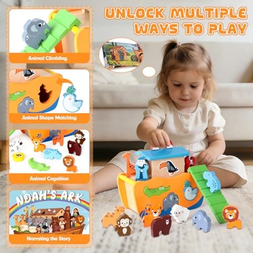 Hoarosall 27-Piece Wooden Noah's Ark Toy for 1-3 Year Olds Baptism Christmas Birthday Gift Bilingual Bible Story Montessori Shape Sorter Christian Educational Toy for Boys Girls