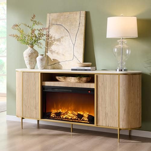 OKD Luxury 70" Fluted Fireplace TV Stand, Modern Chic Entertainment Center for TVs Up to 80 inches, TV Console with Faux Marble Top, Curved Profile Design, Media Console for Living Room, Natural Oak