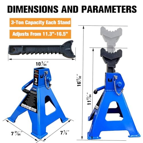 3 Ton Jack Stands Heavy Duty 6,600 LBs, Car Jack Stand for Trucks with Double Pin Locking & Extra Rubber Pads, 11.3"-16.5" Adjustable for Garage, Home,DIY Vehicle Lifting, 1 Pair Blue