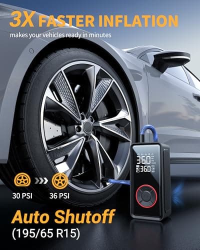 Powools Tire Inflator Portable Air Compressor - 3X Faster Inflation Air Pump with LED Light, Auto Shut-Off Tire Pump with 4 Nozzles for Car, Motorcycle, Bicycle, Ball, Black, 5.9" x 2.8" x 2.0"
