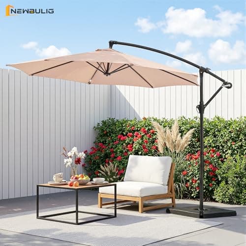 NEWBULIG 10FT Patio Umbrella, Offset Cantilever Outdoor Patio Table Umbrella, UV Protection, Fade Resistant Fabric, Easy Tilt Adjustment for Pool, Deck, Garden, Backyard, Khaki