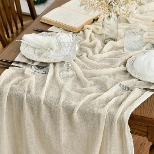 Artoid Mode Boho Beige Gauze 3 Pieces Wedding Table Runner, 300 cm Birthday Fabric Kitchen Dining Holiday Table Decor for Home Party Indoor