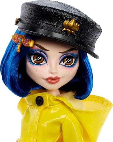 Monster High Skullector Doll, Coraline Collectible in Yellow Raincoat with Dress and Accessories Like Rag Doll, Cat Figure, and Doll Stand