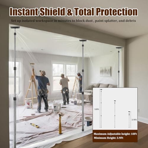 10FT Dust Barrier Poles 4 Pack, Stainless Steel Retractable Zipper Wall Poles Kit for Renovation, Remodeling and Isolation Work