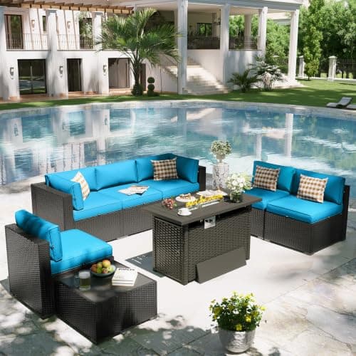 Aoxun Patio Furniture Set with Fire Pit Table, 8 Piece Outdoor Sectional Sofas, Wicker Rattan Outdoor Furniture with Thickened Cushion for Backyard, Garden Peacock Blue