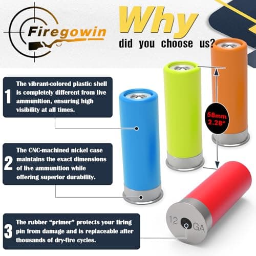 FIREGOWIN Pro 12GA Dummy Rounds – Training Snap Caps, Reusable Dry Fire Training Round with Rubber Primers -Green Type 5 Pack