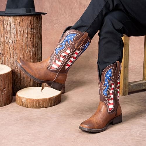 Jousen Cowboy Boots for Men Western Boot Side Zipper American Flag Retro Square Toe Mid-Calf Mens Boots(AMY8428 brown 09.5)