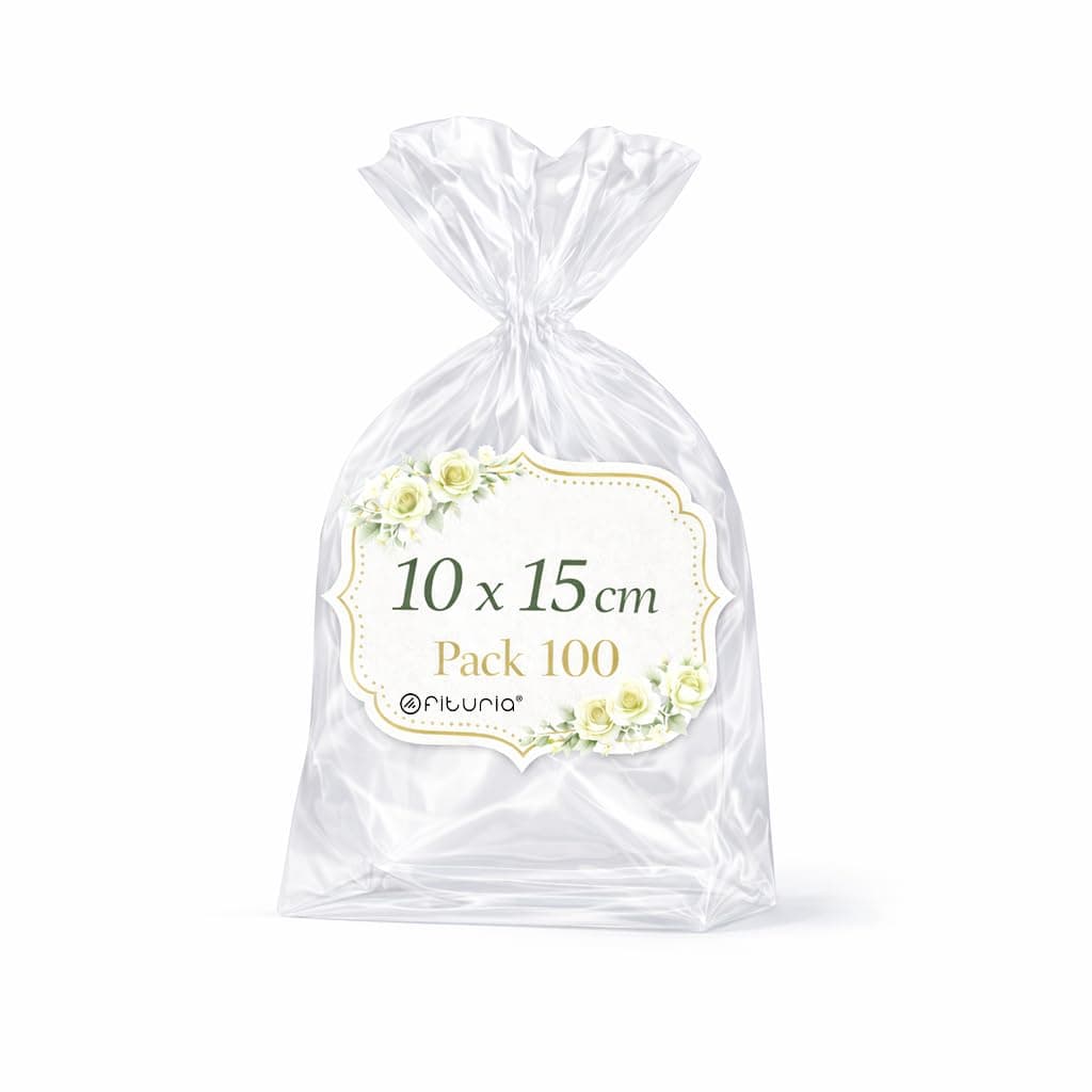 Ofituria Bolsas Celofán Transparente 10 x 15 cm, Bolsas Transparentes para Chuches y Regalos – Bolsas Plastico Transparente para Cumpleaños Infantiles, Galletas y Detalles, 1 Pack (100 Bolsas)