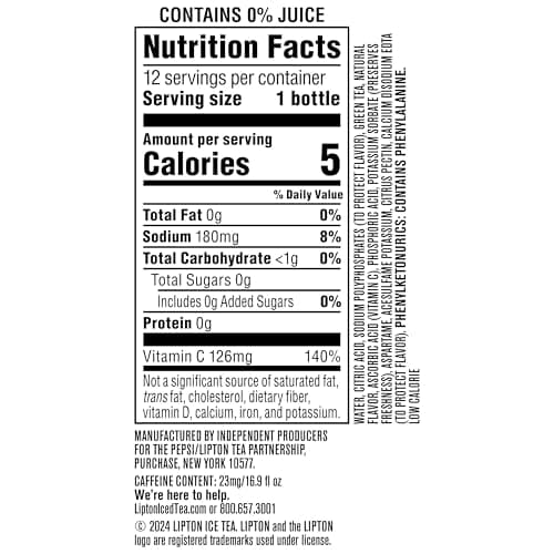 Lipton Zero Sugar Iced Tea, Green Tea Citrus, 16.9 fl oz Bottles, (12 Pack), 100% DV Vitamin C
