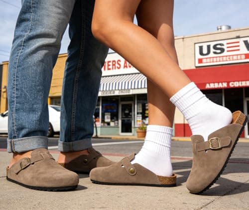 Intini Cork Clogs for Women Mens Suede Leather Clogs Soft Footbed Potato Shoes with Arch Support Brown