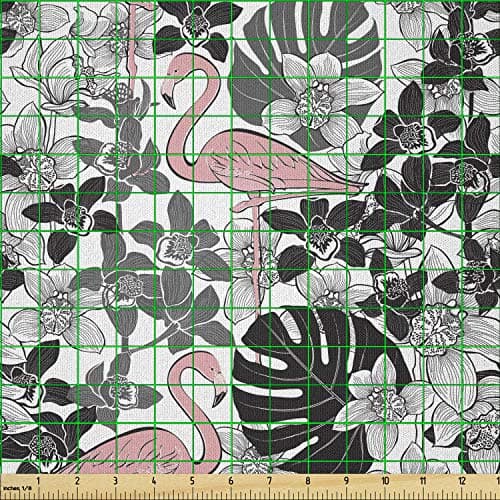 Lunarable Flamingo Fabric by The Yard, Flamingos Pattern Leaves and Flowers Tropical Plants on The Background, Microfiber Fabric for Arts and Crafts Textiles & Decor, 2 Yards, Pink Black