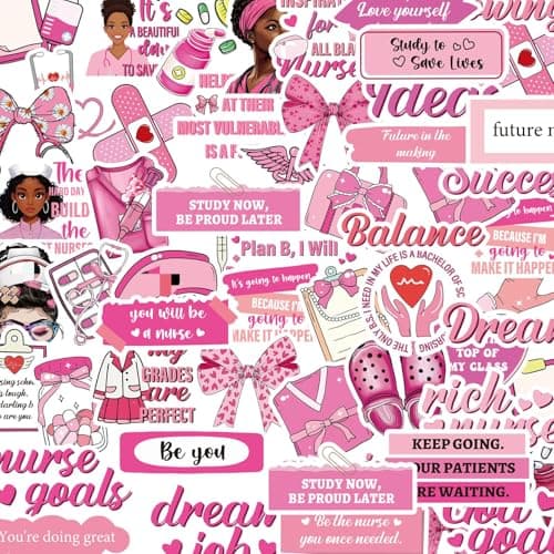 Vemfare Pink Nurse Stickers for Women - 50 Pcs Black Women Water Bottle Stickers for Appreciation Gifts, Waterproof Scrapbook Decals, Motivational Vinyl Sticker for Laptop Journaling