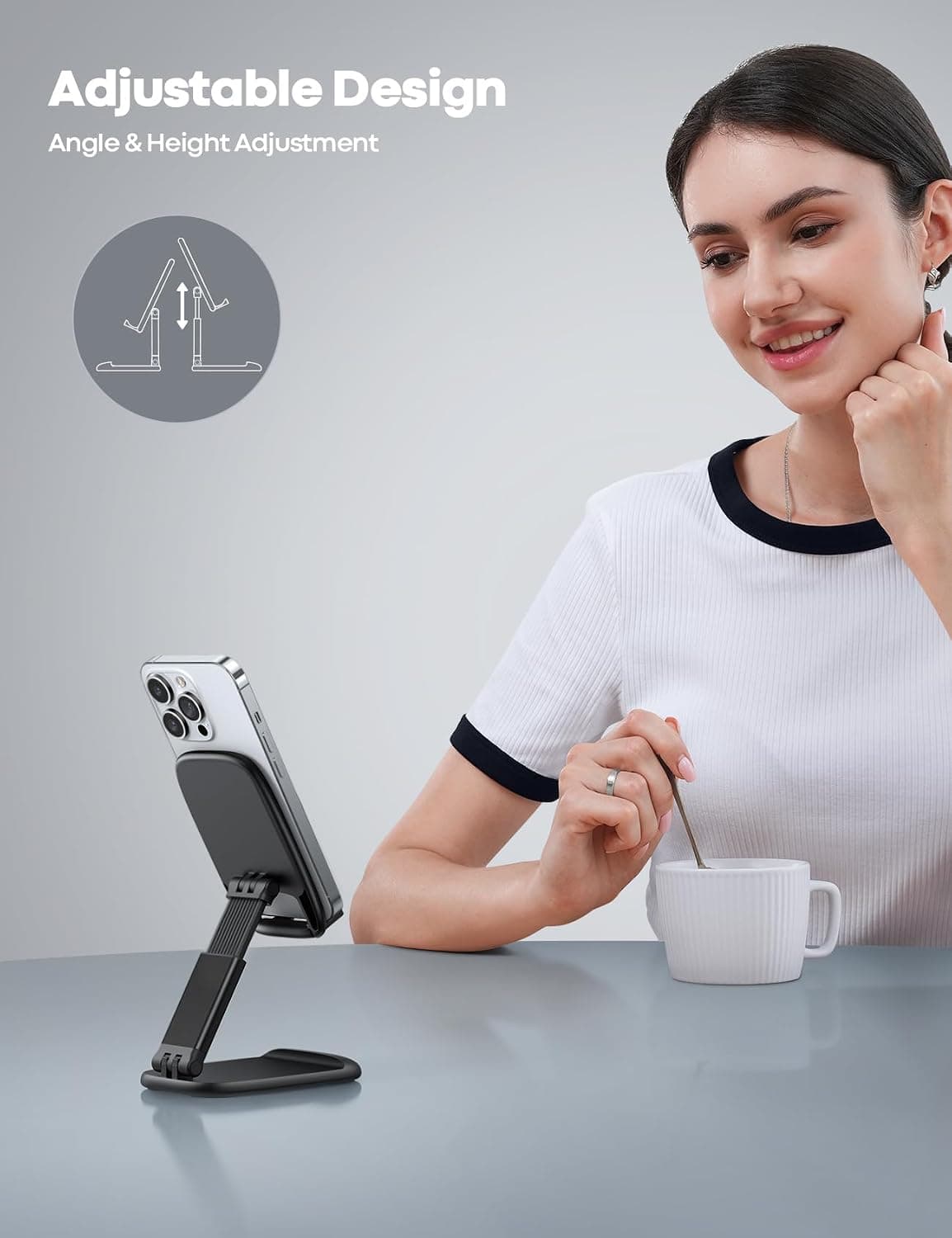 Lamicall Foldable Phone Stand for Desk - Height Adjustable Phone Holder Cradle Dock for iPhone 17 16 15 14 Pro Max Plus Air, 13 12 Pro Max Mini, 11 Pro, Xs, XR, X, 8, Samsung S23, 4"-8" Mobile Phones Black