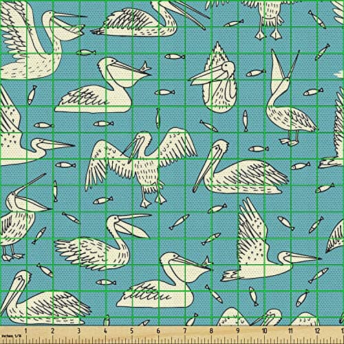 Lunarable Pelican Fabric by The Yard, Aquatic Nature Theme Birds and Little Fish on Ocean Inspired Background, Decorative Fabric for Upholstery and Home Accents, 1 Yard, Black Cream
