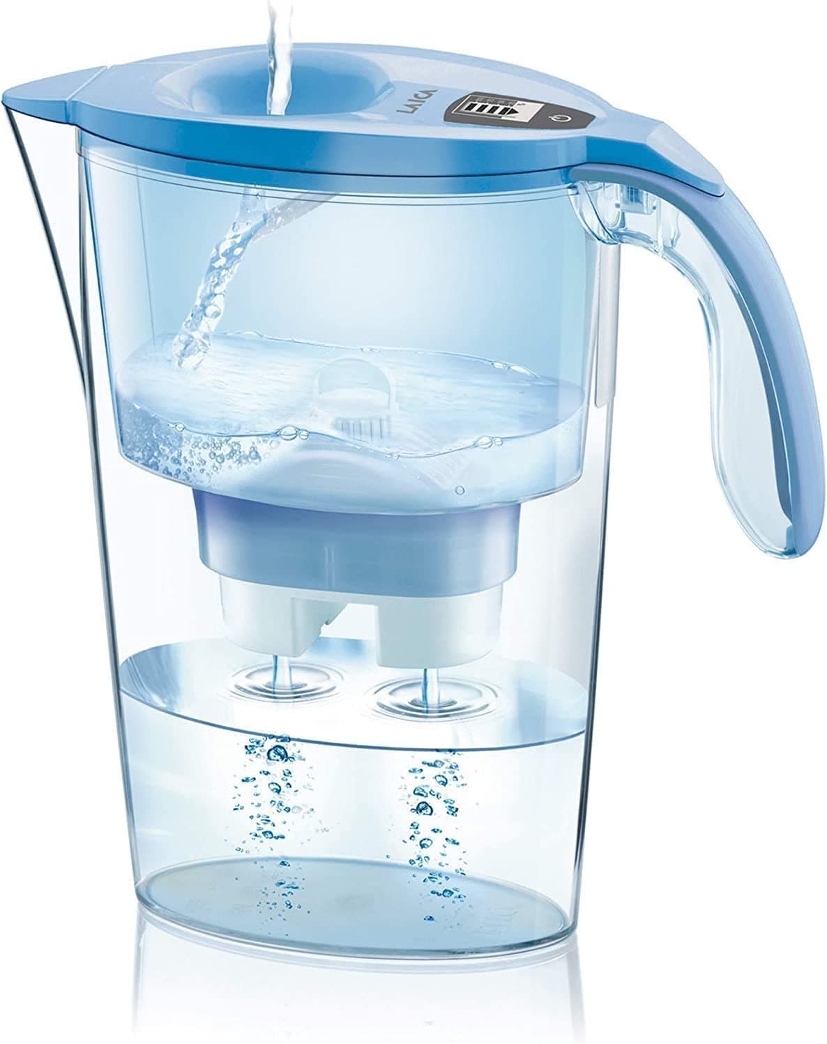 Jarra filtrante de agua LAICA Stream line (Edición en color) y 1 cartucho de filtro de agua Bi-Flux para 30 días - Tapa de llenado rápido, 2,3 L de capacidad total, 1,2 L de agua filtrada LAVANDA