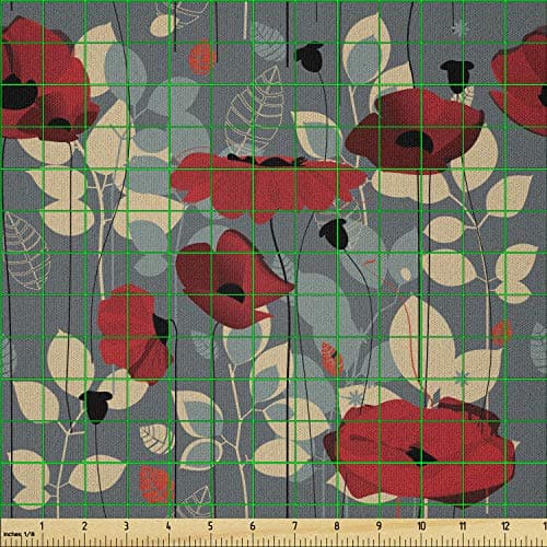 Ambesonne Poppy Flower Fabric by The Yard, Abstraction of a Growing Floral Garden Leaves Botanical Modern Nature, Microfiber Fabric for Arts and Crafts Textiles & Decor, 2 Yards, Blue Orange Coral