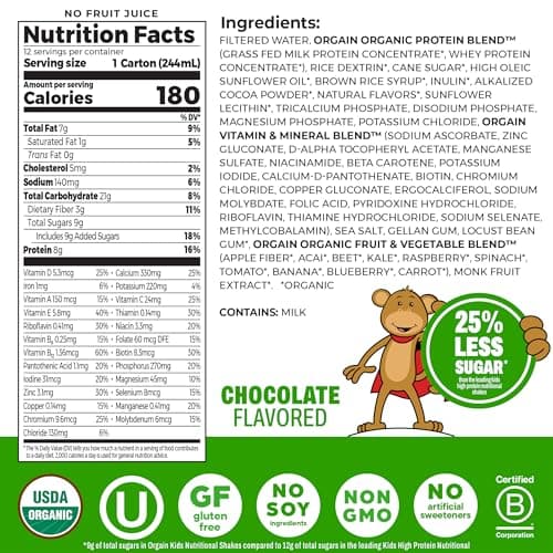 Orgain Organic Kids Nutritional Dairy Protein Shakes, Chocolate, Healthy Kids Snacks, 8g Grass-Fed Protein, 3g Fiber, 22 Vitamins & Minerals, No Soy Ingredients, Non-GMO, 8.25 Fl Oz, Pack of 12