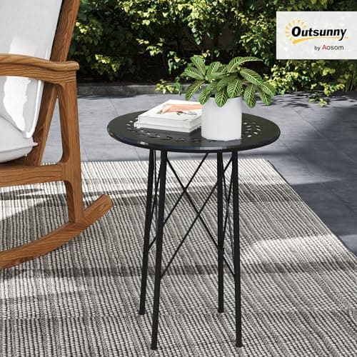 Outsunny 15.7" Round Garden Table with Floral Cut-Out, Steel Balcony Side Bistro Coffee Table, Outdoor Furniture with Adjustable Feet for Patio Garden, Black