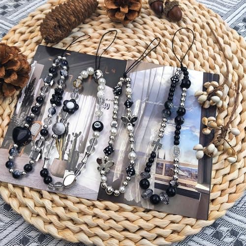 AGEN KGEN Phone Charms Cute Beaded Phone Lanyard Wrist Strap Aesthetic CellPhone Keychain Cute PhoneCharms for Women (4x Black Style)