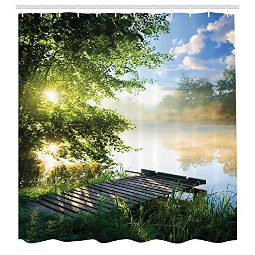 Ambesonne Landscape Shower Curtain, Fishing Pier by River in The Morning Clouds and Trees Nature Image, Cloth Fabric Bathroom Decor Set with Hooks, 69" W x 70" L, Green Blue