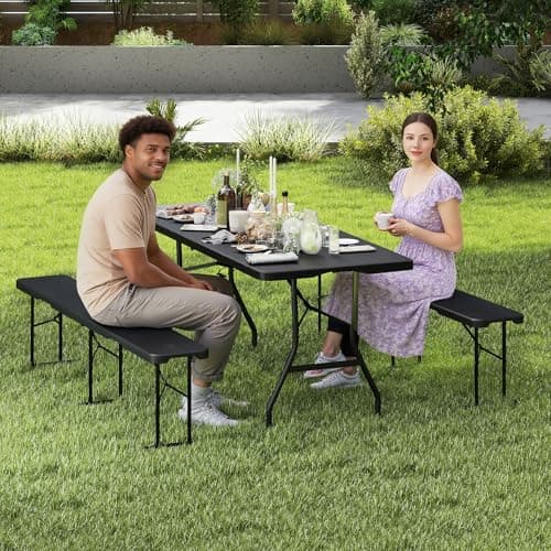6 FT Black Picnic Folding Table Set with 2 Benches, Portable Patio Dining Sets for Backyard, Lawn, Event, Party, Camping