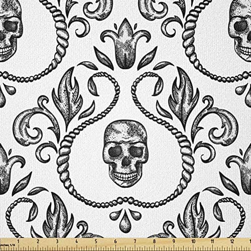 Lunarable Skull Fabric by The Yard, Vintage Ornamental Skeleton Part Baroque Style Illustration Floral Arrangement, Stretch Knit Fabric for Clothing Sewing and Arts Crafts, 1 Yard, Ivory and Black
