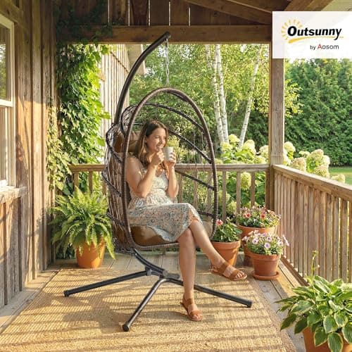 Outsunny Hanging Egg Chair with Stand, Foldable Wicker Rattan Swing Chair with Thick Cushion and Safety Rope for Patio Garden, Supports 264 lbs, Brown