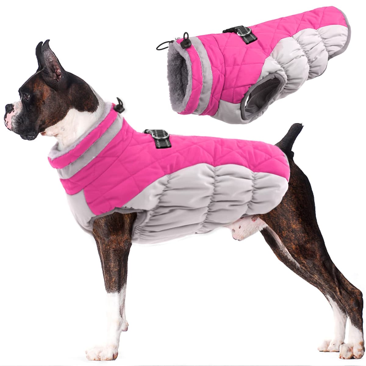 Lelepet Dog Coat Warm Dog Winter Coat Waterproof Dogs Jacket with Harness Built in Reflective Pet Fleece Vest Zip-Up Cold Weather Coats for Large Dogs Turtleneck & Windproof Coats Boston Terrier L
