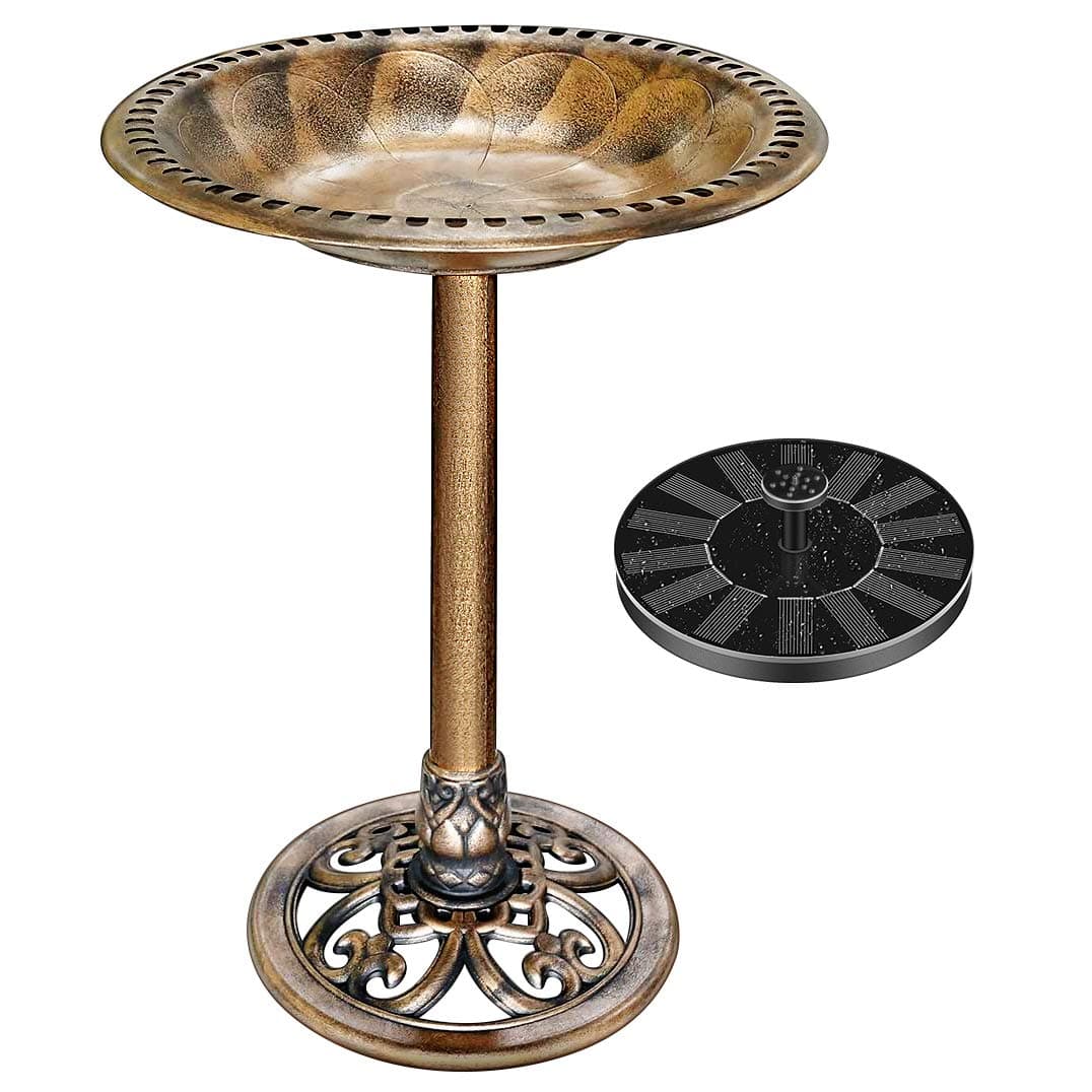 VIVOHOME Baño para Pájaros de Poliresina con Fuente Solar 2 en 1 Baño para Pájaros Antiguo para Jardín al Aire Libre Cuenco para Beber y Comer Pájaros Silvestres