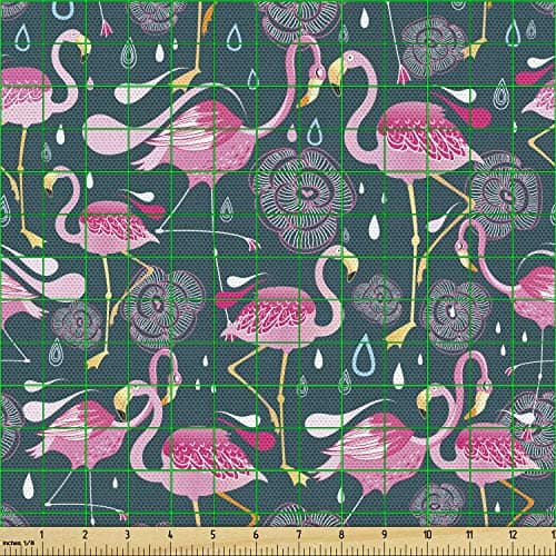 Ambesonne Flamingos Fabric by The Yard, Exotic Bird Pattern with Flowers Hearts and Raindrops Tropical, Decorative Fabric for Upholstery and Home Accents, 1 Yard, Green and Pink