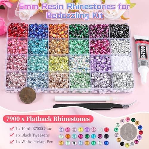 7900Pcs 5mm Resin Rhinestones for Bedazzling, Pink Red Black Flatback Gems for Crafting, Bedazzler Kit with Rhinestones Tools & B7000 Jewelry Glue for DIY Clothing Shoes Tumblers Fabric Mugs Bags