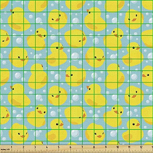 Lunarable Cartoon Fabric by The Yard, Happy Rubber Duck and Bubbles Pattern Theme Art, Decorative Fabric for Upholstery and Home Accents, 3 Yards, Yellow Aqua