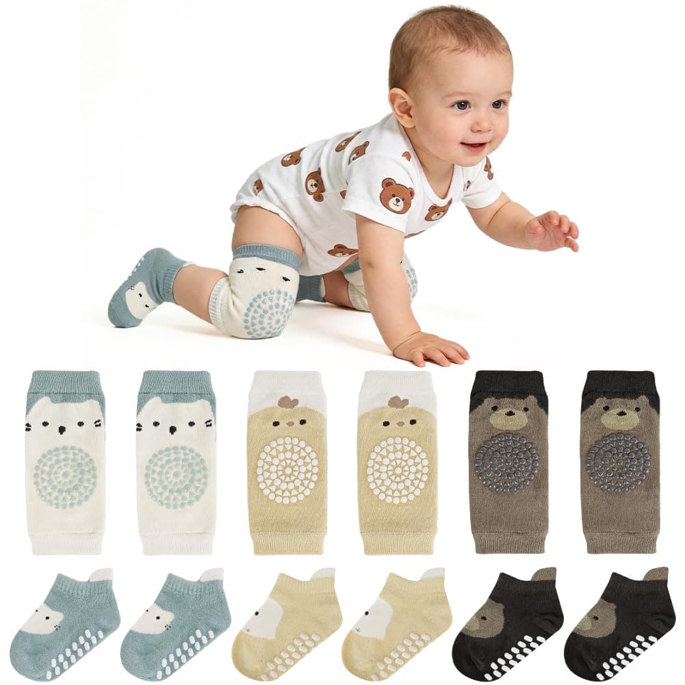 AOOTE Juego de 3 pares de rodilleras para bebés y 3 pares de calcetines para gatear, con puntos de goma, para niños y niñas