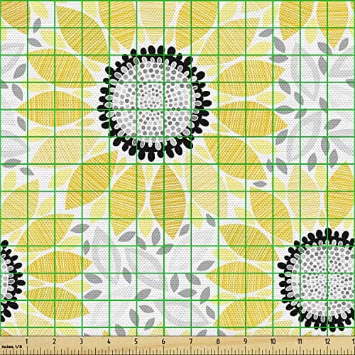 Lunarable Sunflower Fabric by The Yard, Abstract Shapes Floral Pattern Stripe Petals Summer Blossom Illustration, Decorative Fabric for Upholstery and Home Accents, 1 Yard, Yellow Black