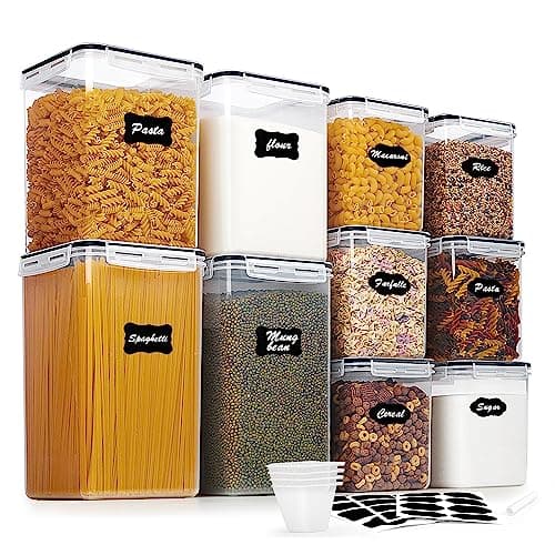 Vtopmart 10 PCS Flour Storage Container, Large Airtight Food Storage Containers with Lids for Kitchen, Pantry Organizers, Black