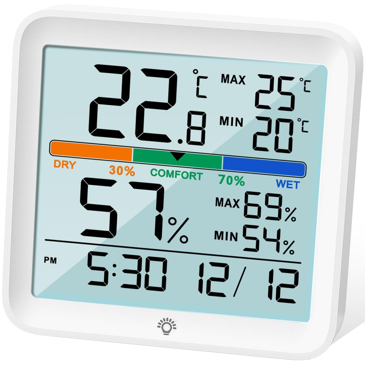 NOKLEAD Higrómetro Termómetro para interiores - Medidor digital de humedad de la habitación Medidor de monitor de temperatura preciso Registros máximos/mínimos, LCD táctil con reloj retroiluminado