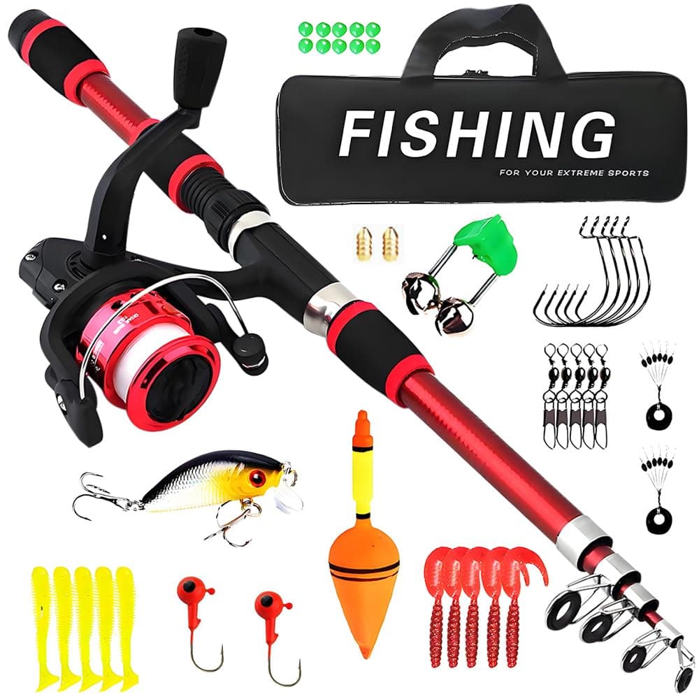 BIZOI Set de Pesca para Niños, 1,8 M Caña de Pescar Telescópica con Carrete y Juego de Cebo, Caña de Pescar Telescópica de Fibra de Carbono, Accesorios para Niños de 3 a 10 Años