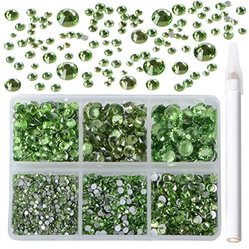 Bymitel 5000 Pieces 6 Mixed Sizes Glue Fix on Glass Rhinestones Round Crystal Gems Flatback for DIY Jewelry Making with one Picking Pen(6-Sizes 5000PCS, Peridot)