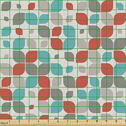 Ambesonne Retro Fabric by The Yard, Old Fashioned Style Abstract Mosaic Grid Inspired Floral Pattern Classical, Decorative Fabric for Upholstery and Home Accents, 1 Yard, Turquoise Grey