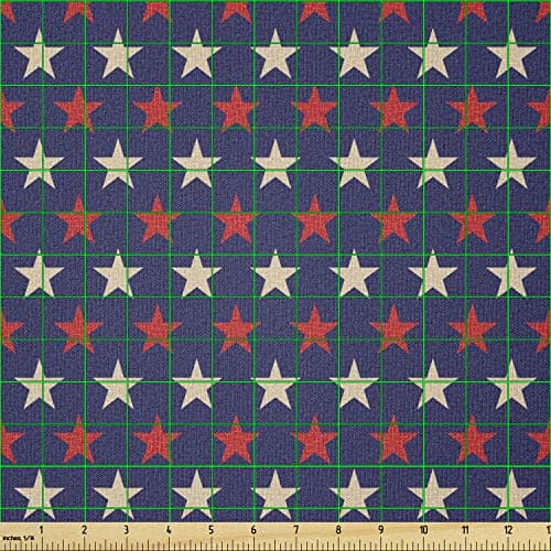 Ambesonne USA Fabric by The Yard, Vintage Patriotic True Blue Home Country My Land Birthday Retro Pattern, Stretch Knit Fabric for Clothing Sewing and Arts Crafts, 1 Yard, Dark Blue Cream Red