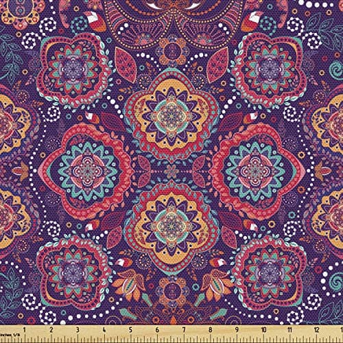 Lunarable Batik Fabric by The Yard, Eastern Droplet-Shaped Paisley Inspired Traditional Forms Vivid Colors Image, Decorative Fabric for Upholstery and Home Accents, 1 Yard, Purple Pink