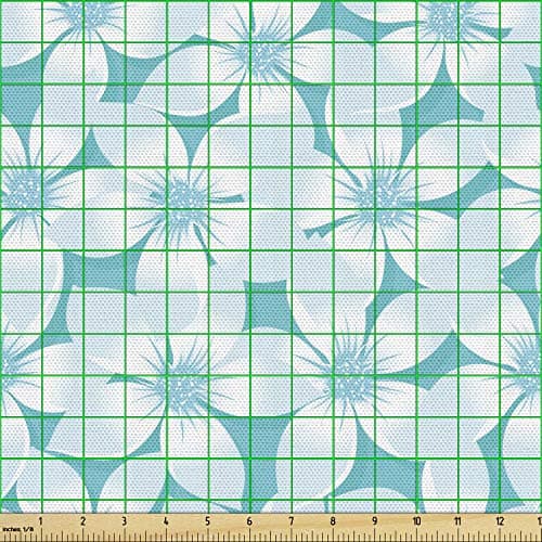 Lunarable Turquoise Fabric by The Yard, Macro Tropical Hibiscus Flowers Pattern in Gradient Colors Hawaiian Exotic Print, Decorative Fabric for Upholstery and Home Accents, 1 Yard, Ivory Blue