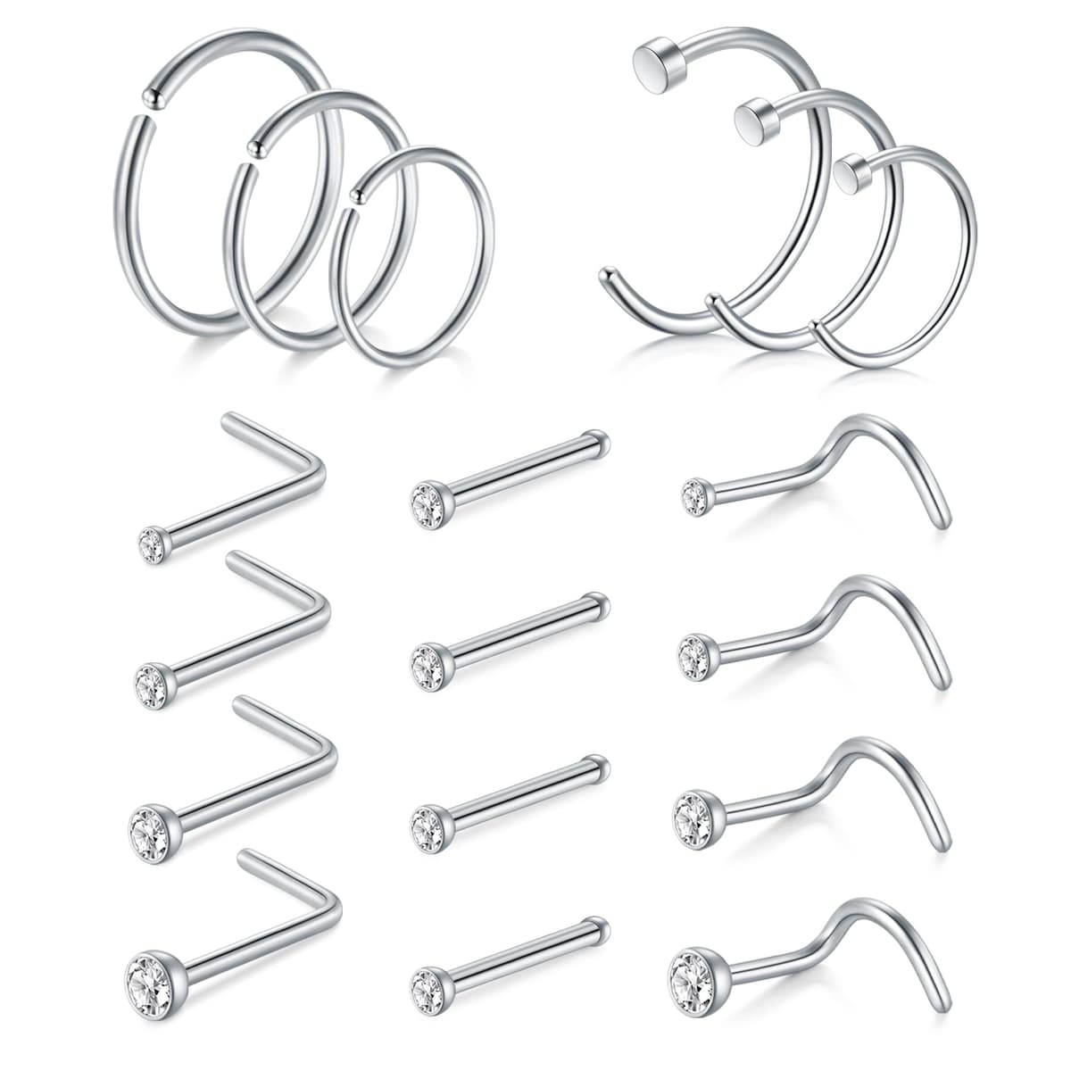 AVYRING Nose Rings Hypoallergenic Stainless Steel L-Shaped Nose Stud Screws with Cubic Zirconia Nose Piercing Jewellery 22G 20G 18G, Pack of 18 Pieces or 24 Pieces